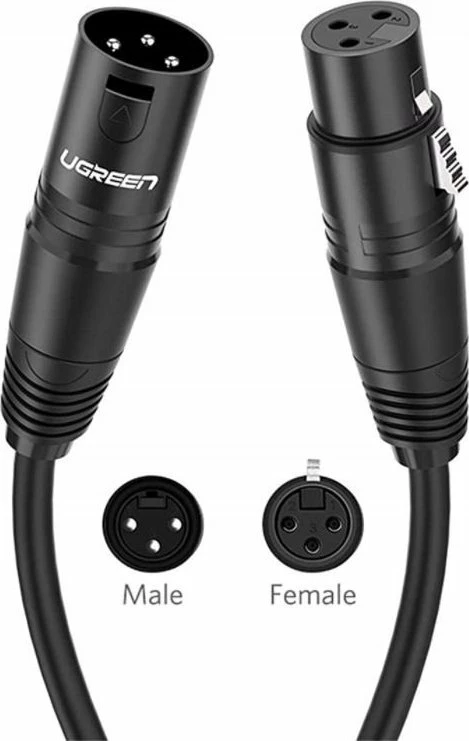 Kabllo audio XLR Ugreen AV130 20710B 2 m, 3-pin femër-në-mashkull, me prizë këndore, e zezë