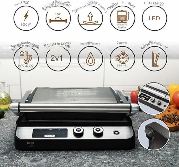 Grill elektrik Adler AD 3059 2në1 3000 W me ekran LED, i zi/argjendtë