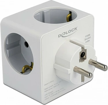 Adapter prizash kub DeLOCK Multi Socket Cube 3-dalje Type F, 3x USB, 16A, 3680W, i bardhë