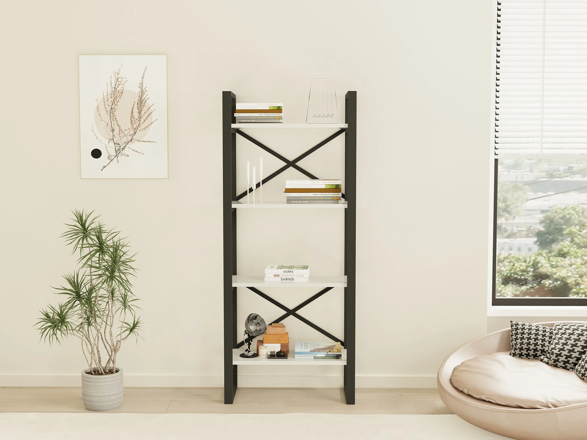 Raft librash Hanah Home, Alaro modern, bardhë e zi, 66x150x32cm