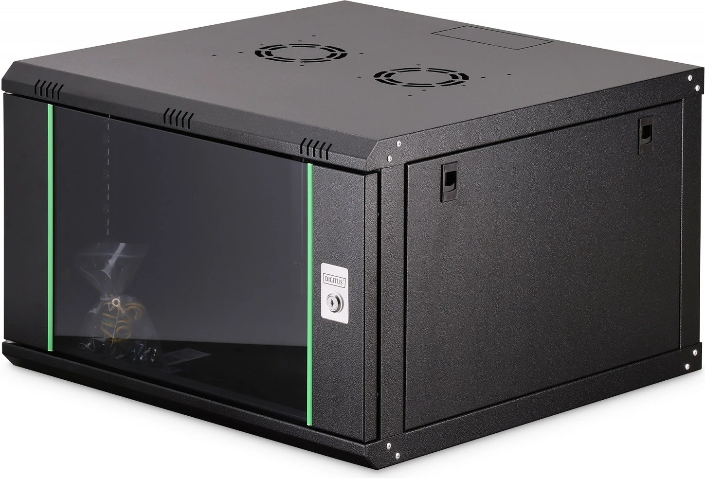 Kabinë rrjeti murale 19" 7U, Digitus DN-37103, 385x600x600mm, 4 shina të rregullueshme, derë xhami, IP20, 60kg, e zezë, e pamontuar