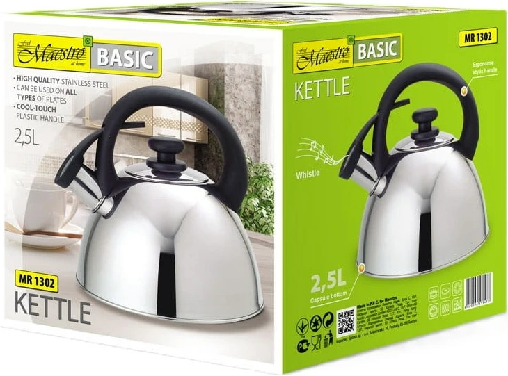 Çajnik Maestro MR-1302-GREY, 2.5L, çelik inox, dorezë e zezë