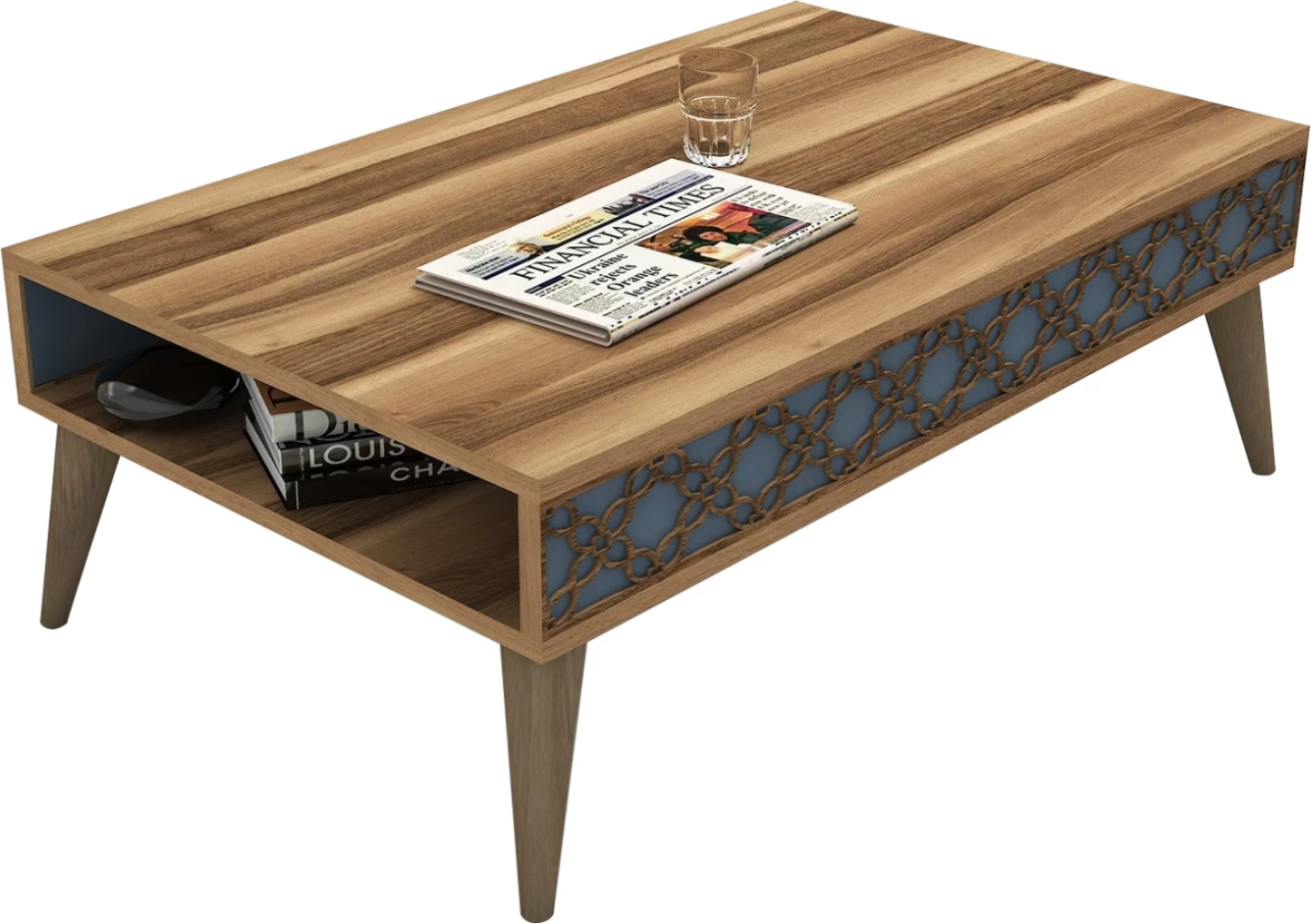 Tavolinë kafeje melamine, ngjyrë arre & anë të gdhendura blu qielli, FH9499.02, 105x60x36.6H cm