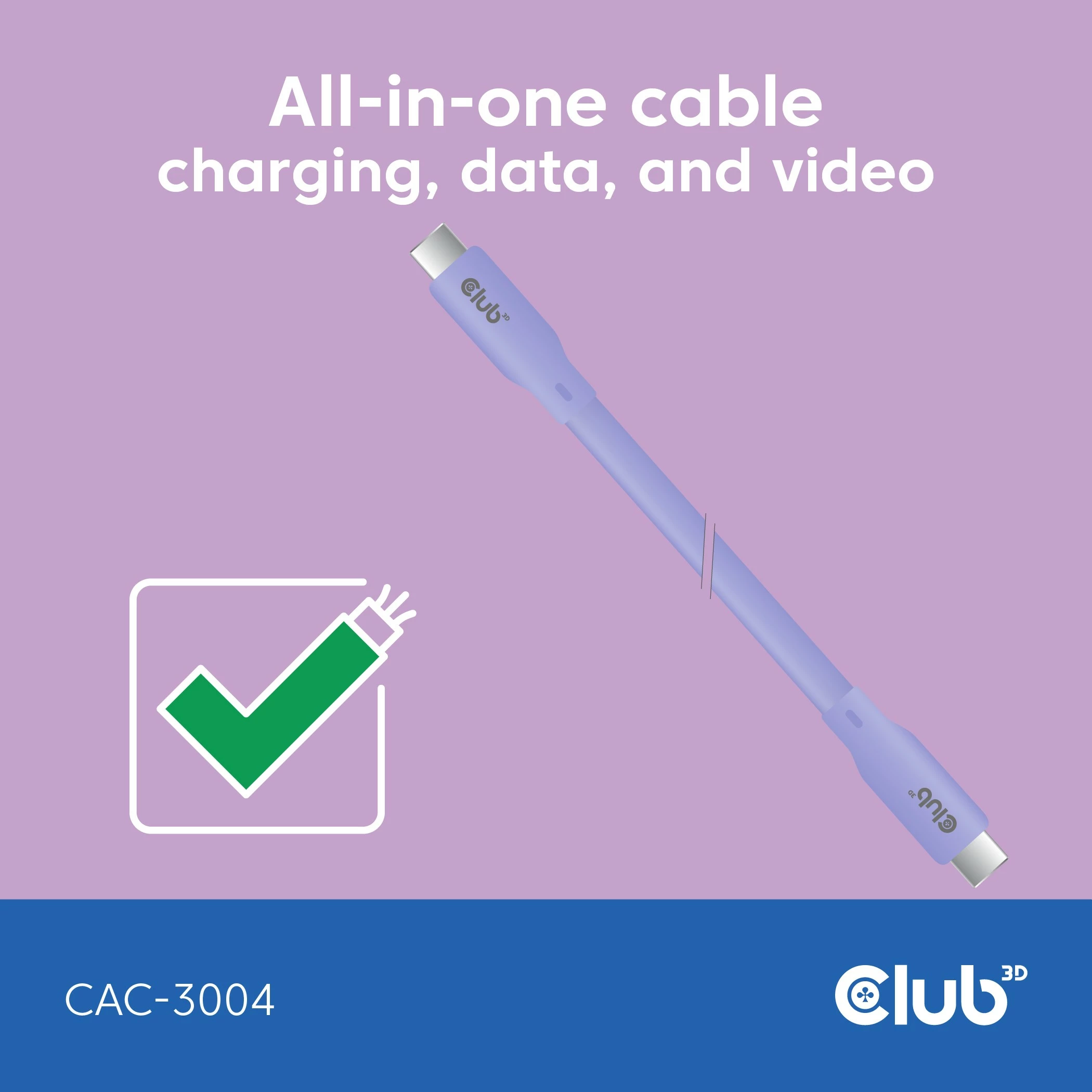 Kabllo USB-C Club3D Lifestyle CAC-3004, 2m, 240W, 20Gbps, lila
