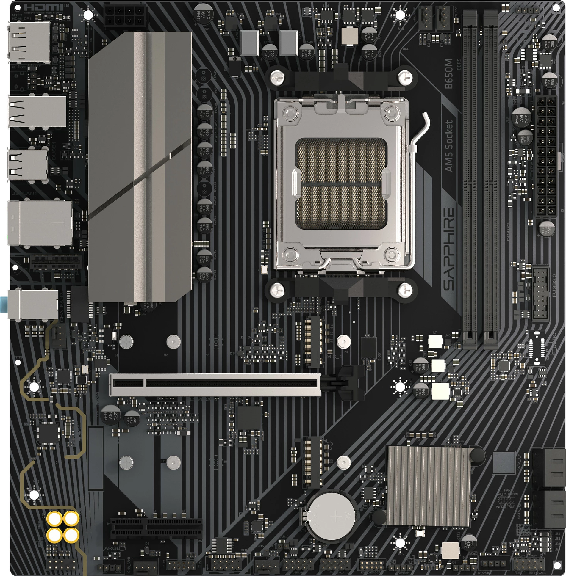 Pllakë amë Sapphire B650M-E, Socket AM5, DDR5 deri 96GB, mATX, 2x M.2 PCIe 5.0/4.0, e zezë/gri