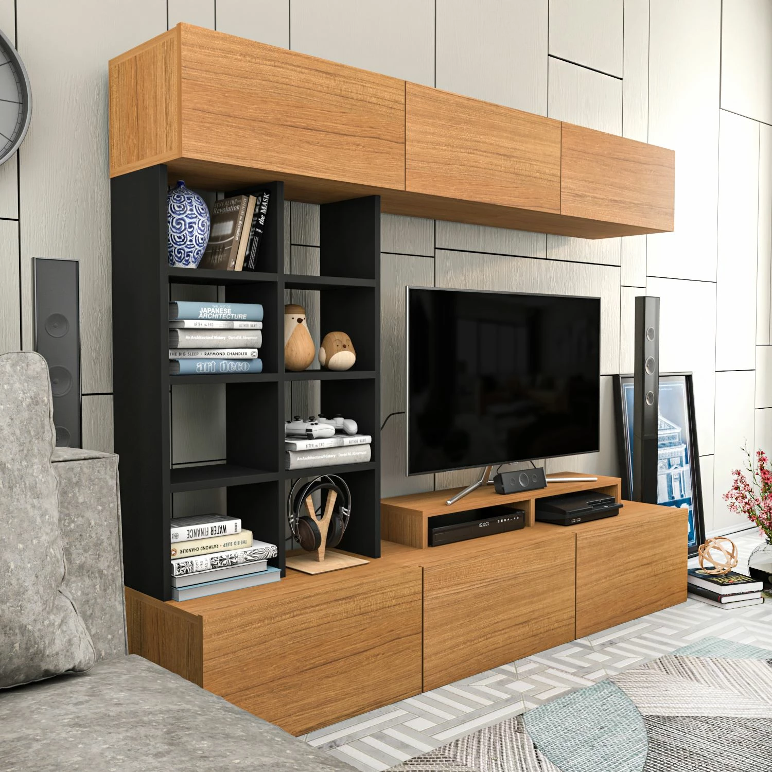 Komodë TV Hanah Home, Sasa, ngjyrë teak dhe e zezë