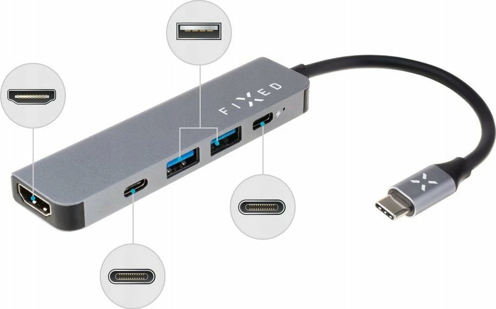 Hub USB-C Fixed FIXHU-MN-GR, 5 porta, HDMI 4K, PD 100W, gri