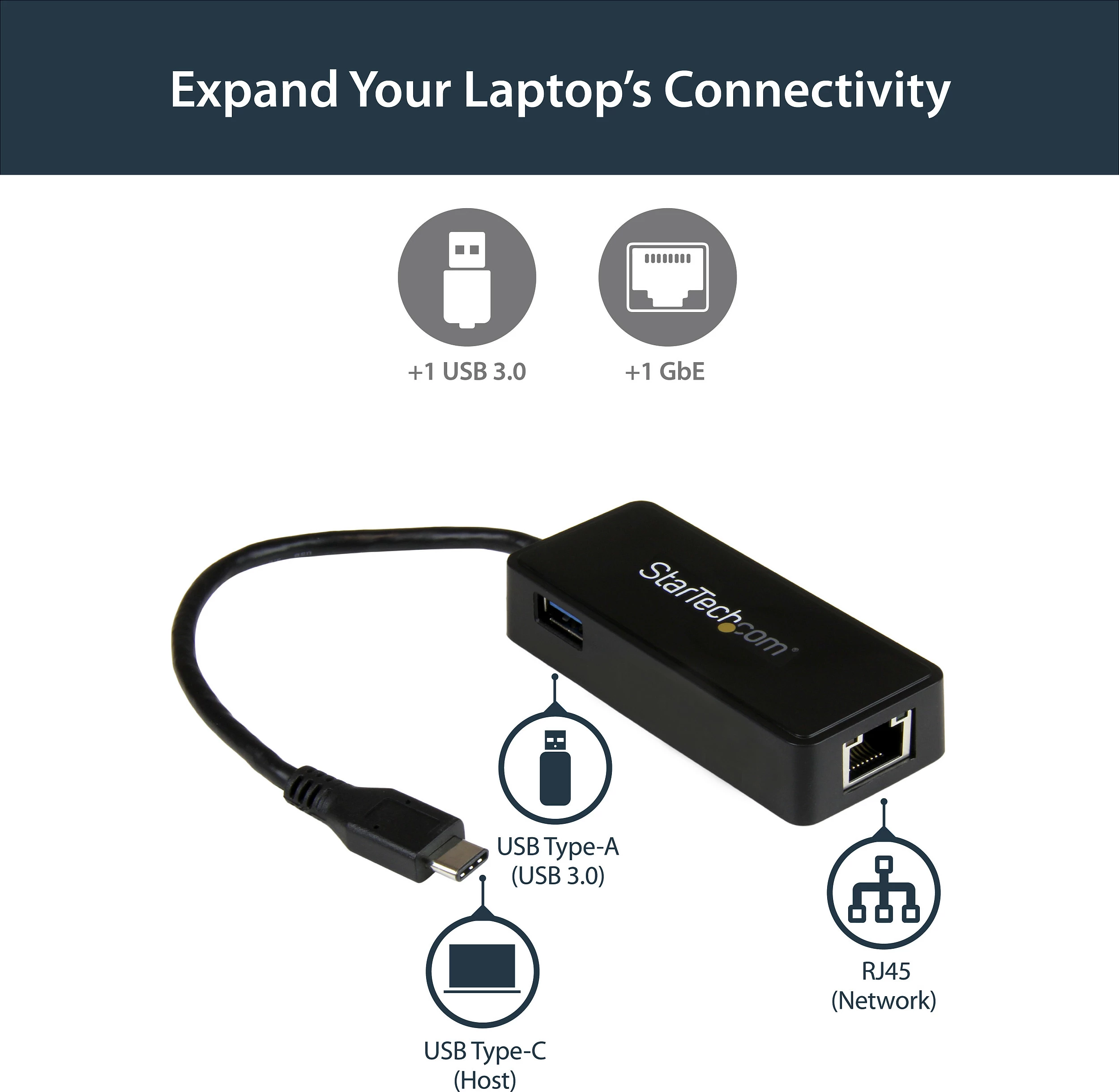 Adapter rrjeti USB-C StarTech, Gigabit RJ-45, me port USB-A, USB 3.1 Gen 1, i zi
