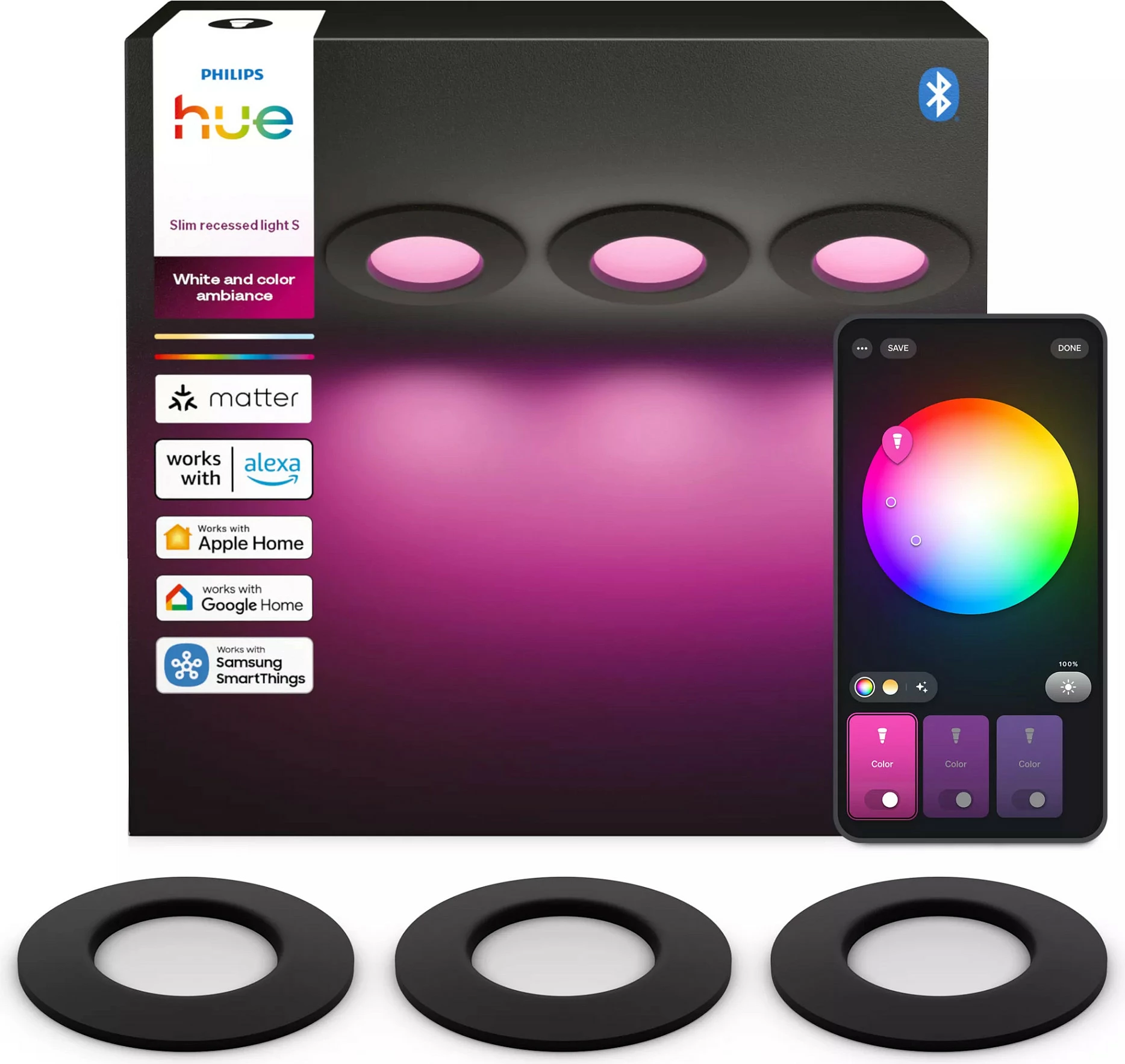 Ndriçues i futur Philips Hue Slim Recessed Light, set 3 copë, LED 11W, White & Color Ambiance, Bluetooth/Zigbee, i zi