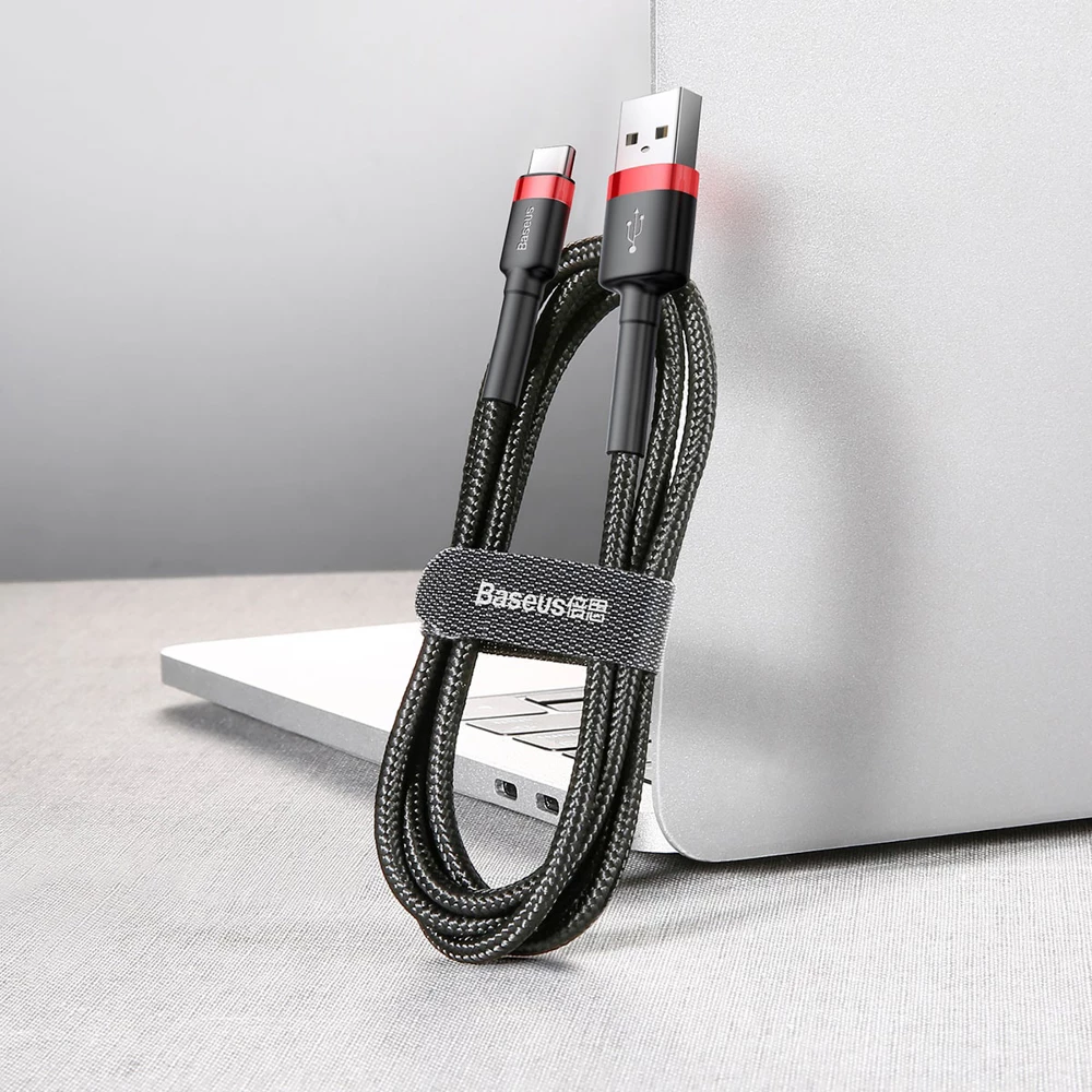 Kabllo Baseus Cafule CATKLF-A91 USB-A në USB-C, 0.5m, 3A, QC 3.0, e zezë dhe e kuqe