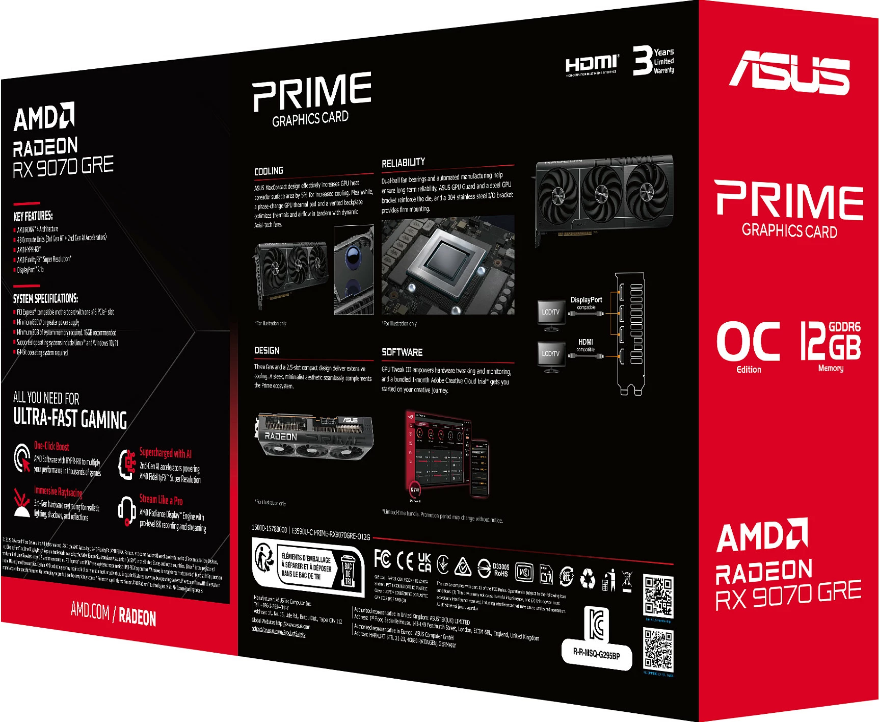 Kartelë grafike ASUS PRIME OC Radeon RX 9070 GRE, 12GB GDDR6, PCIe 5.0, me ngjyra