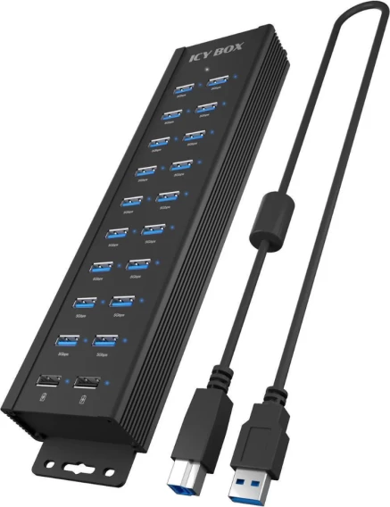 USB hub ICYBOX IB-HUB1720-U3, 20-në-1 (18x USB-A data + 2x USB-A karikim), USB 3.0, alumin, i zi, set me kabllo & furnizues rryme