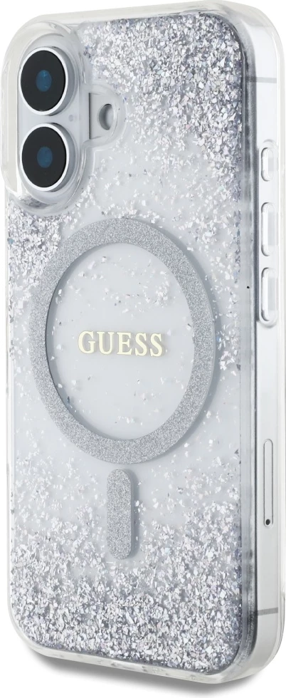 Mbështjellës Guess HC Resin Bottom Glitter MagSafe për iPhone 16, Argjendtë