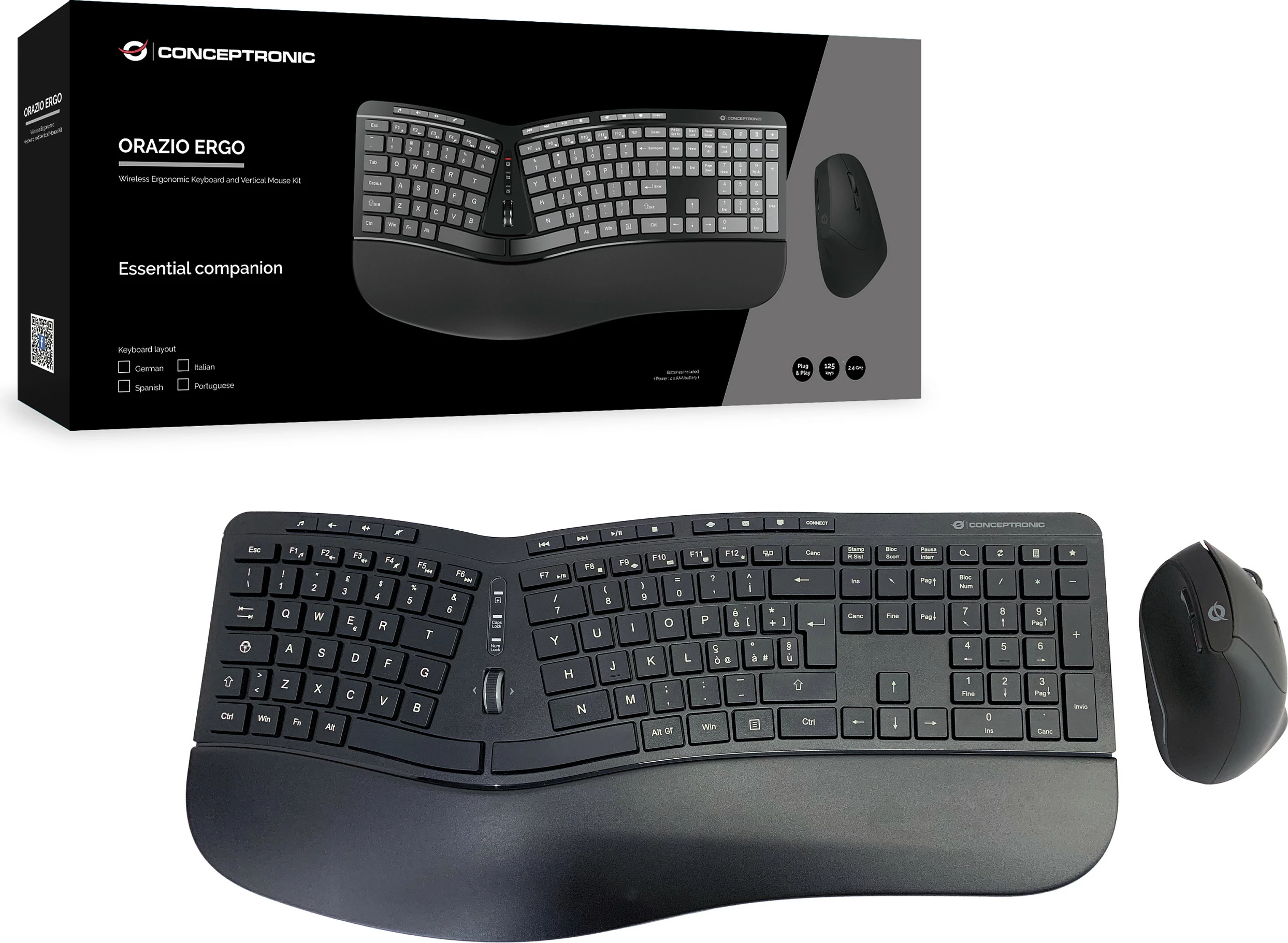 Set tastierë wireless Conceptronic, layout italian, maus ergonomic, e zezë