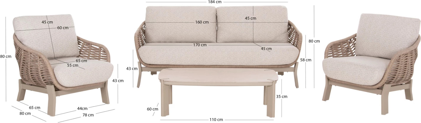 Set lounge 4 pjesë Amethyst, alumin, litar, gur i sinterizuar, bezhë, CD6501.02