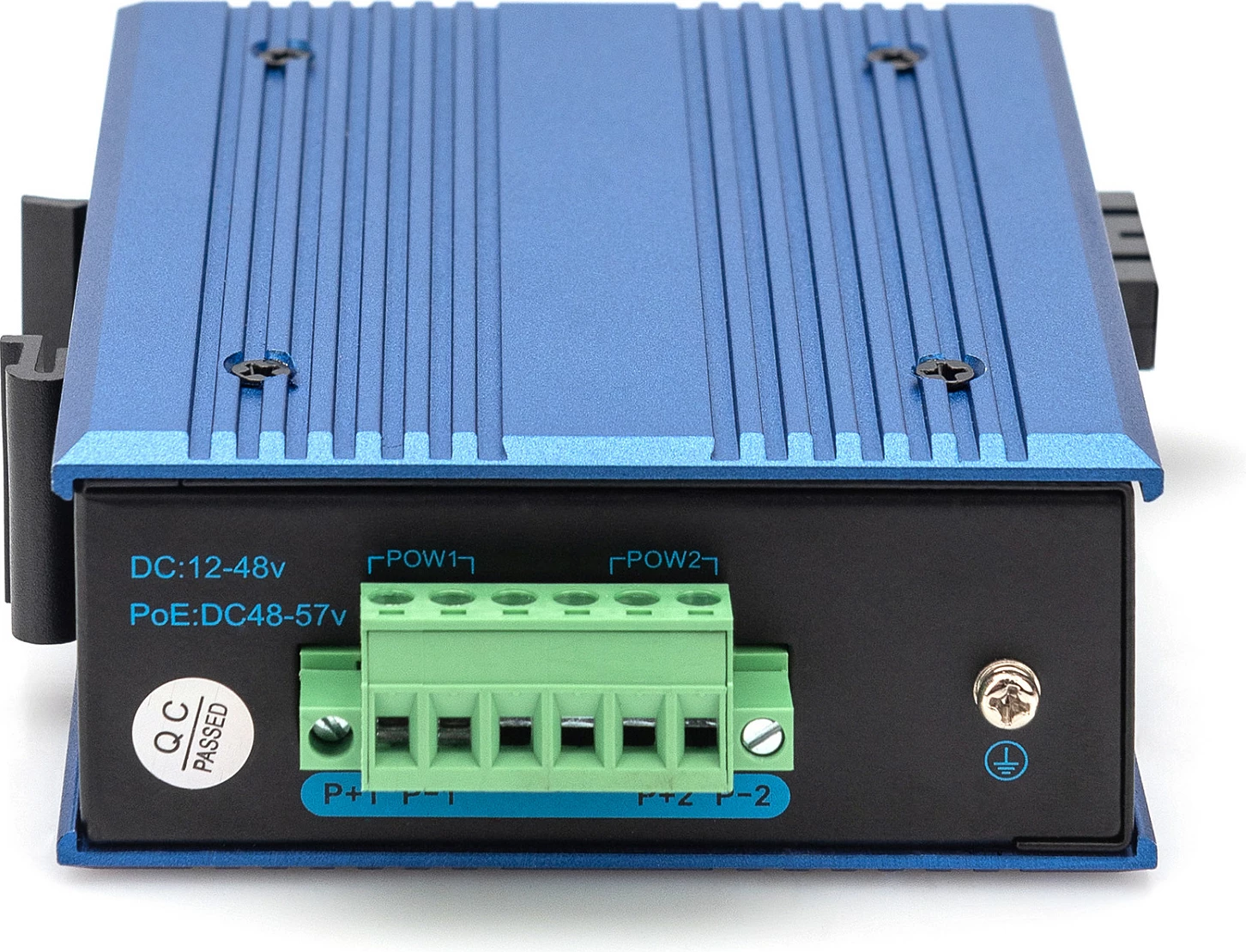 Konvertues media industrial Digitus, Gigabit PoE RJ45 në Fiber 1000Base-FX, DIN Rail, blu