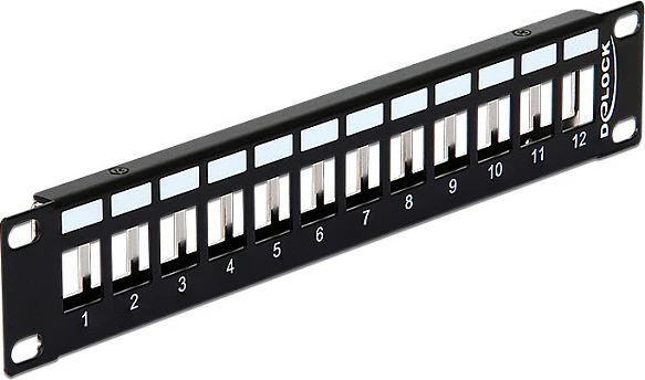 Patchpanel Keystone DeLOCK 10", 12 porta, 1U, rack-mount, metal, e zezë