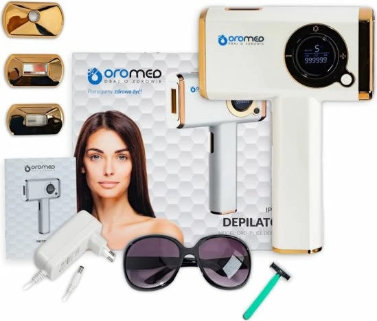 Epilator laser oromed ORO-IPL ICE, i bardhë dhe i artë, set me 3 koka