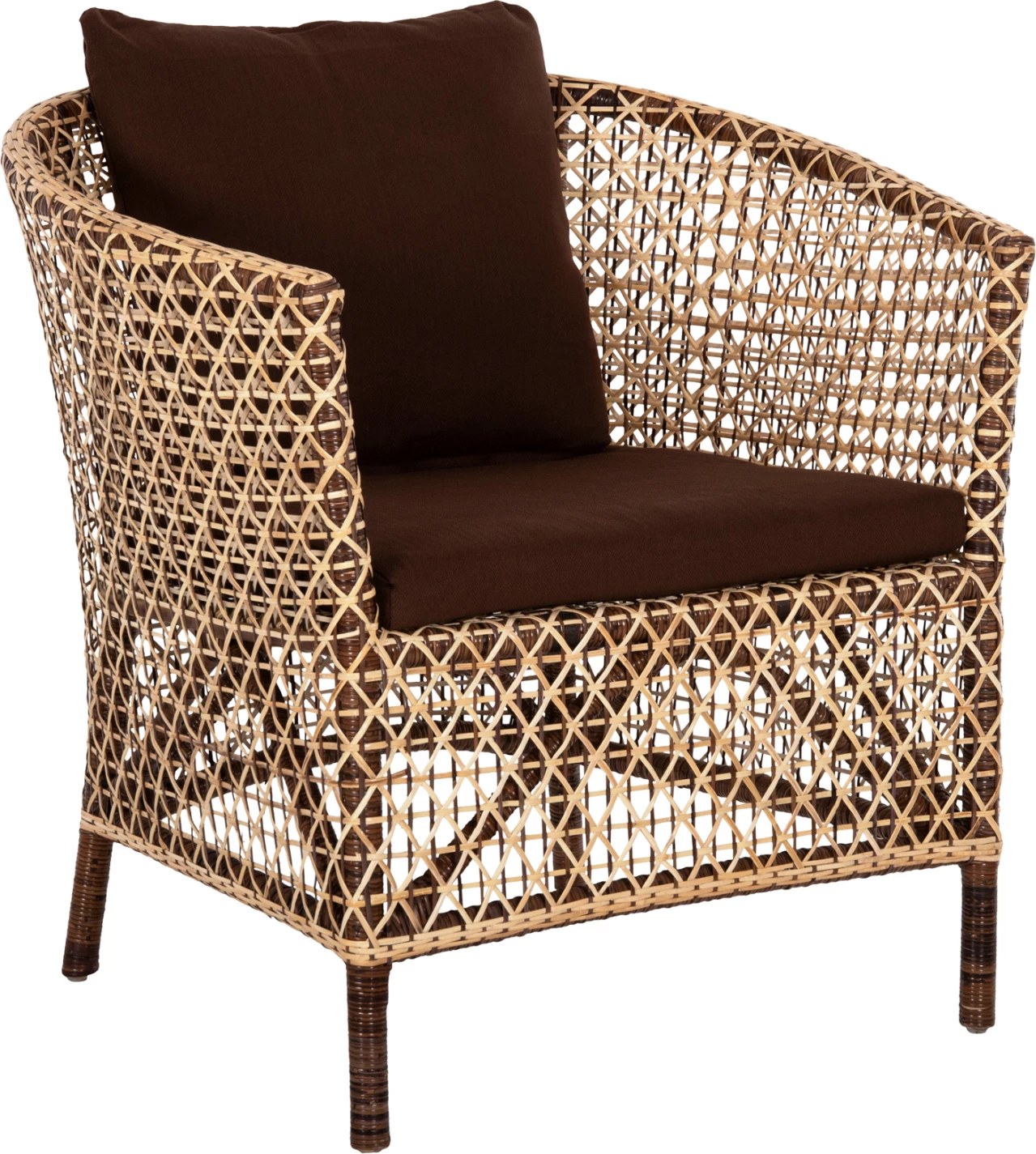 Karrige për jashtë, rattan natyral, jastëk kafe, 82x76x85H cm.