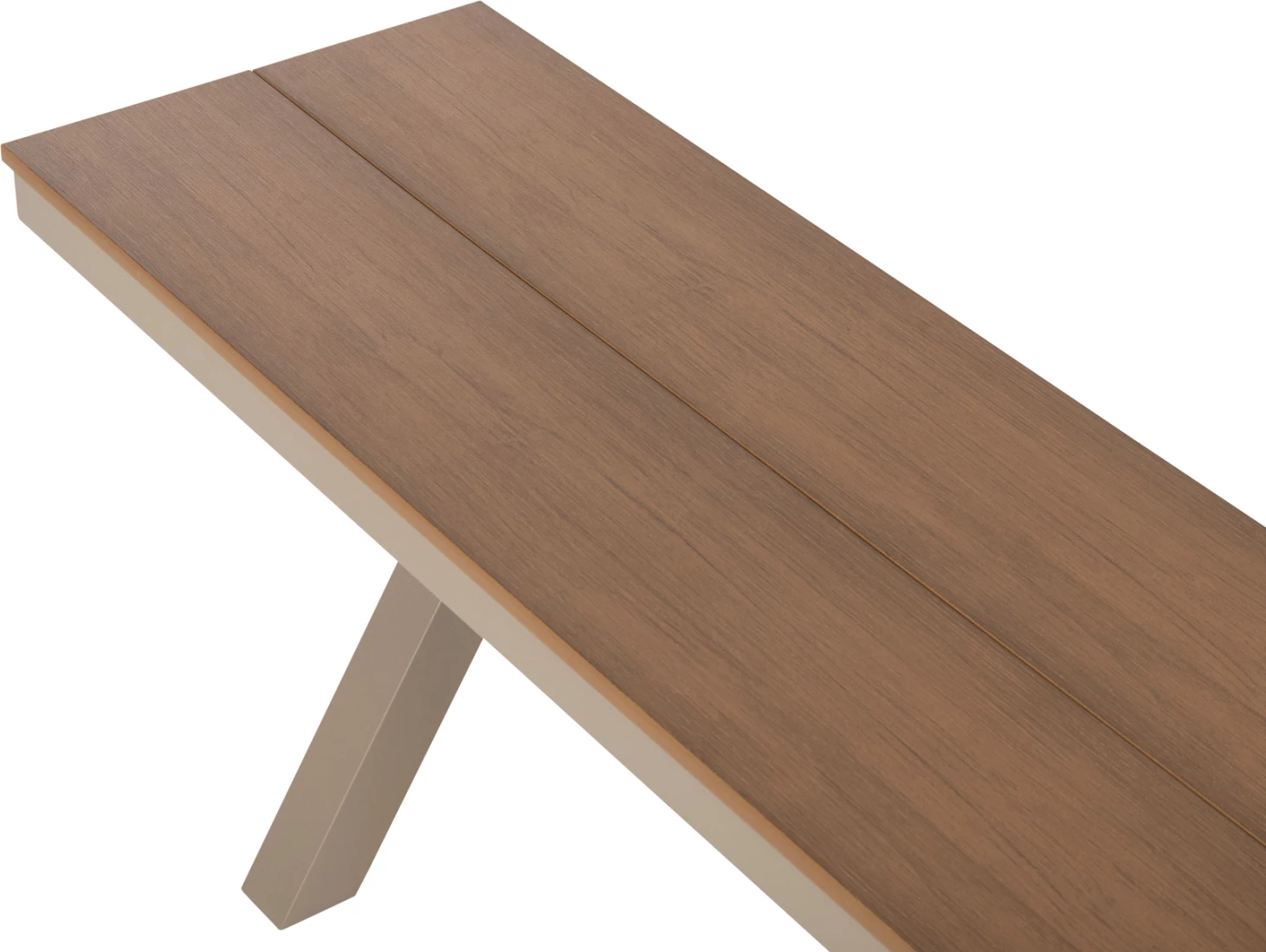 Stol alumini, ngjyrë shampanjë, sipërfaqe tavoline polivudi, ngjyrë druri natyral, 150x36x45H cm