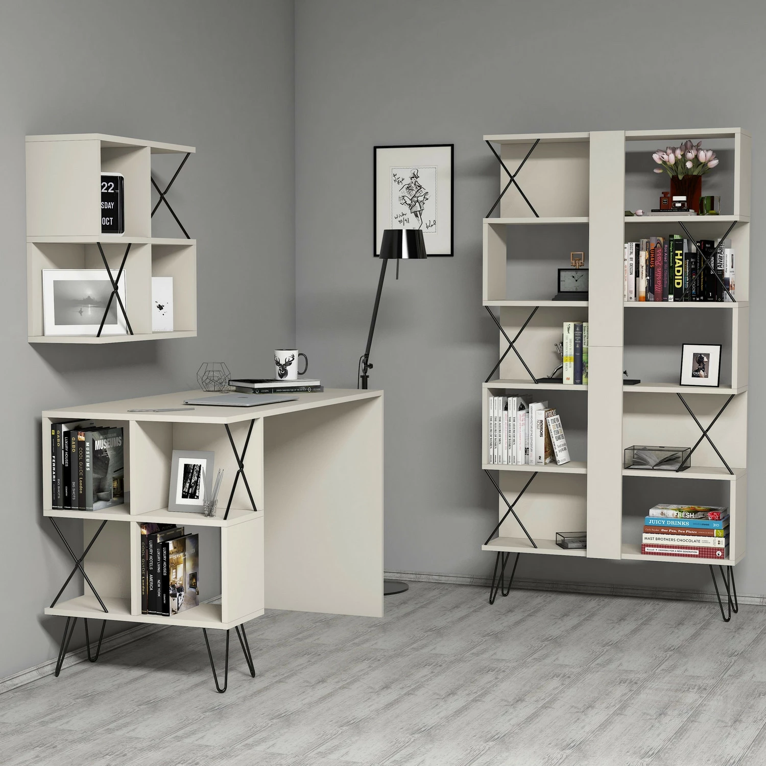 Set tavoline studimi me raft librash Hanah Home, Extra 2, krem
