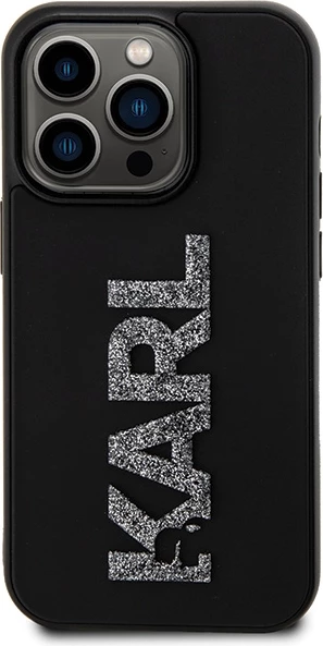 Mbështjellës Karl Lagerfeld 3D Rubber Glitter Logo për iPhone 15 Pro, i zi