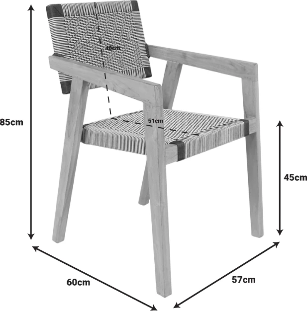 Karrige Salama, skelet druri teak, ngjyrë natyrale dhe litar krem-e-zi, 57x60x85cm
