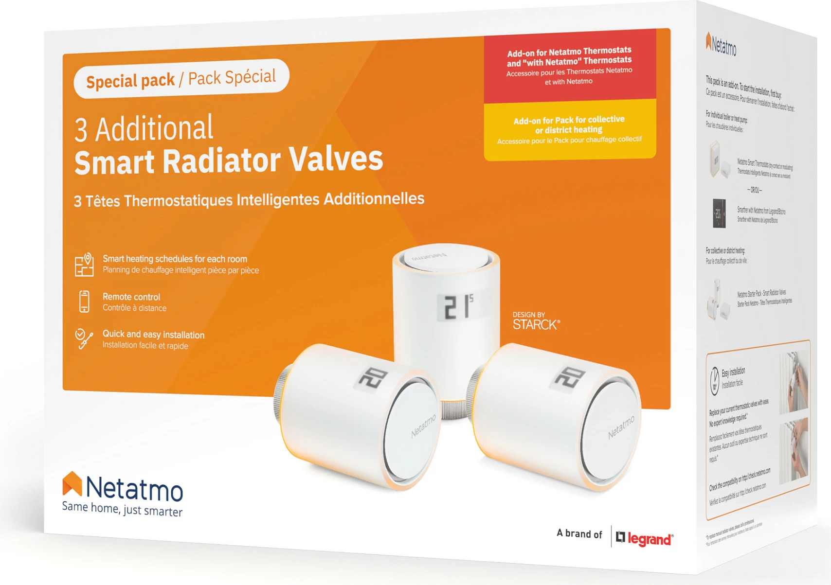 Valvula smart për radiator Netatmo, Pack 3 copë, Wi‑Fi 2.4 GHz, ekran i integrum, e bardhë