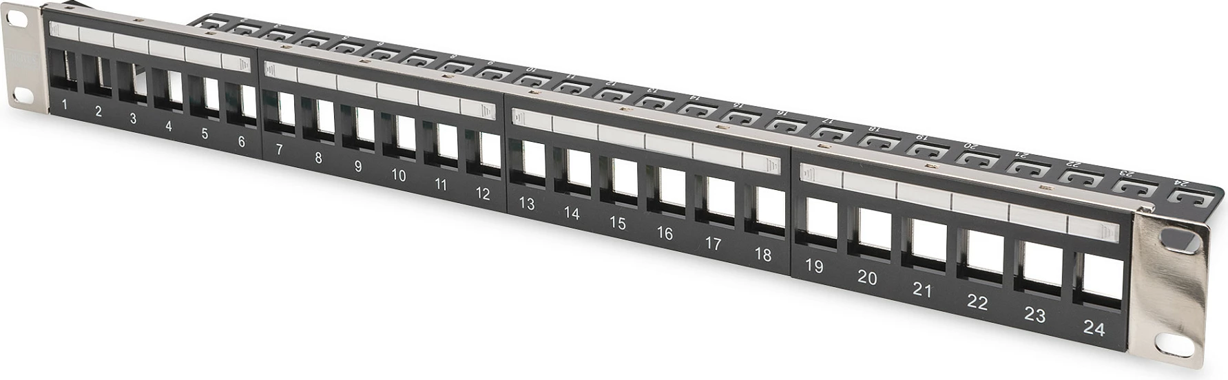 Patch panel modular Digitus 1U, 24 porte, për keystone, Cat5e/Cat6/Cat6a, i zi