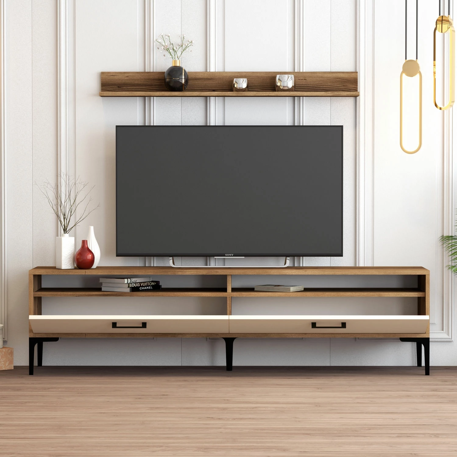 Konsolë TV Skye Decor, Istanbul, ngjyrë arre dhe krem