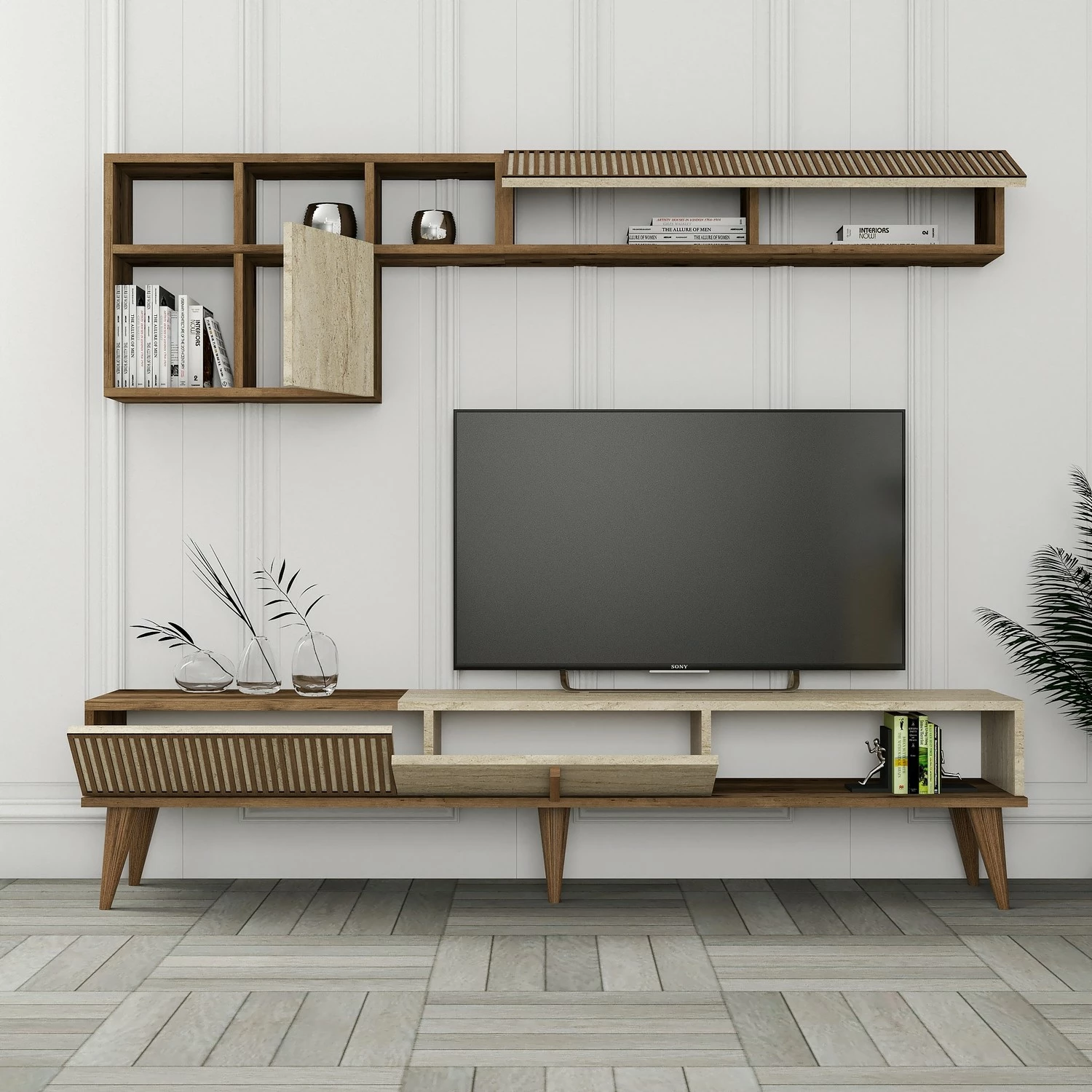 Komodë TV Hanah Home, Milan, ngjyrë arre dhe travertin