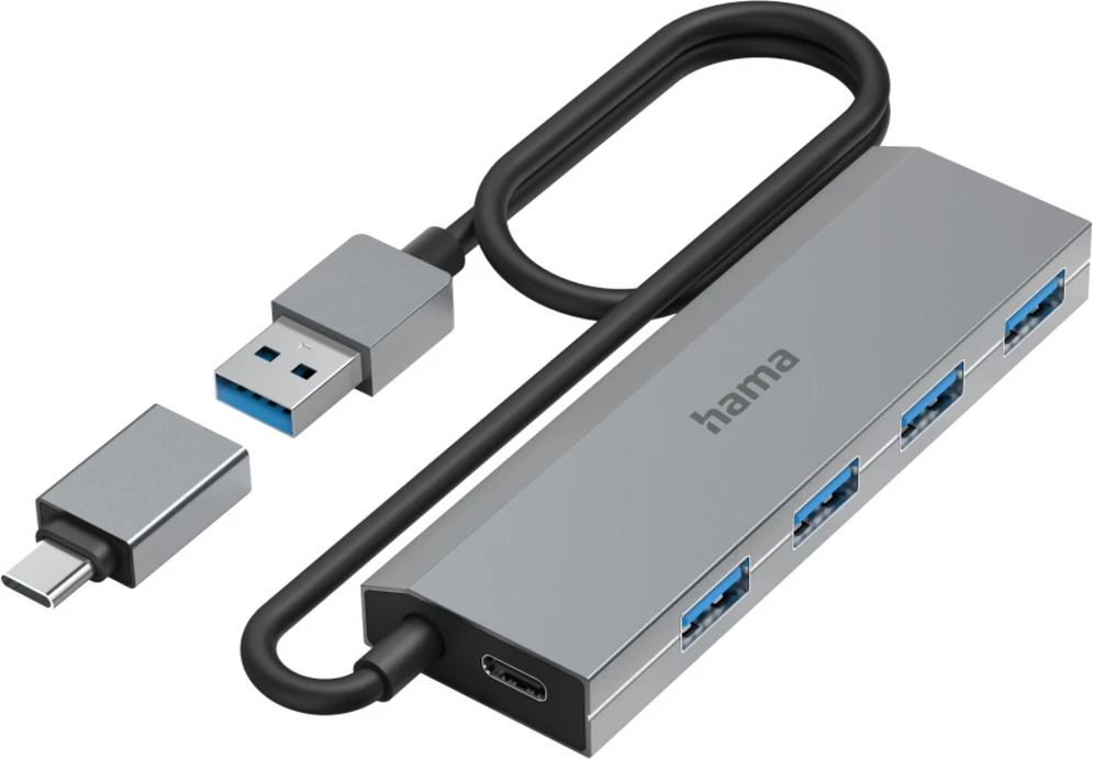 USB Hub Hama 00200138 4 porta USB 3.0, lidhje USB-A & USB-C, gri