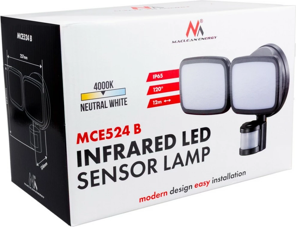 Llampë muri LED Maclean MCE524B 20W 1500lm IP65 4000K me sensor PIR, e zezë