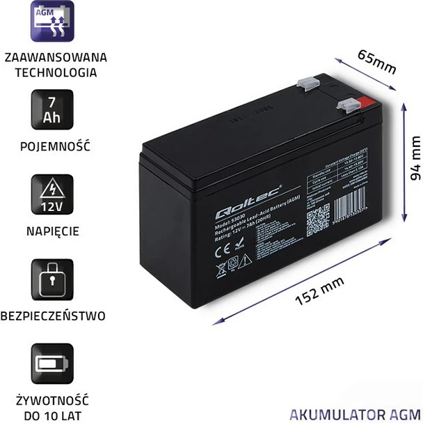 Bateri Qoltec 53030 AMG, 12V, e zezë