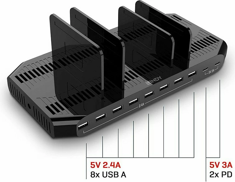 Stacion karikimi USB LINDY 10-Port, 120W, 2x USB-C 3A + 8x USB-A 2.4A, i zi