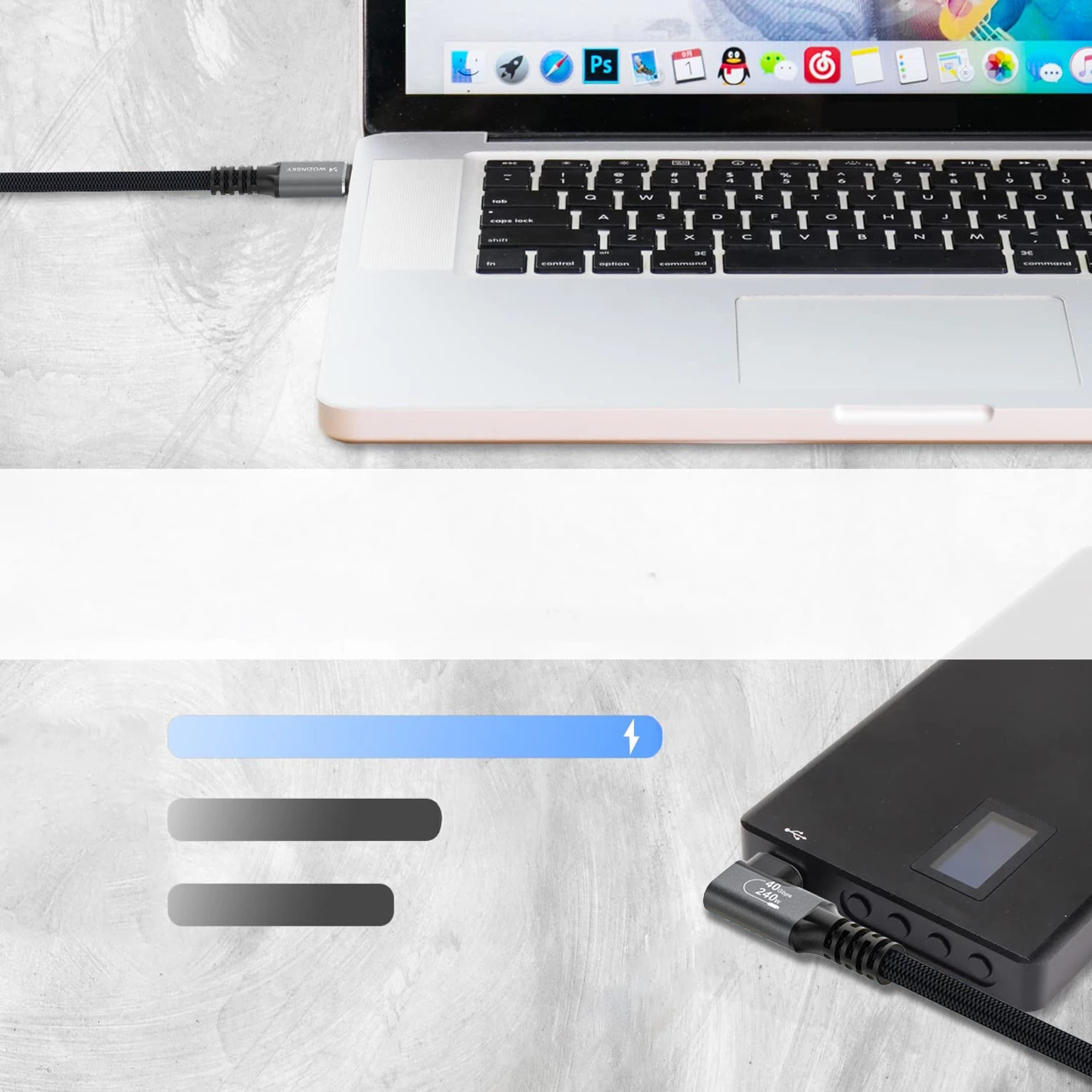 Kabllo USB-C Wozinsky WPS3-UY41S USB4 40Gb/s 240W 1m me konektor këndor, e zezë, me qese string