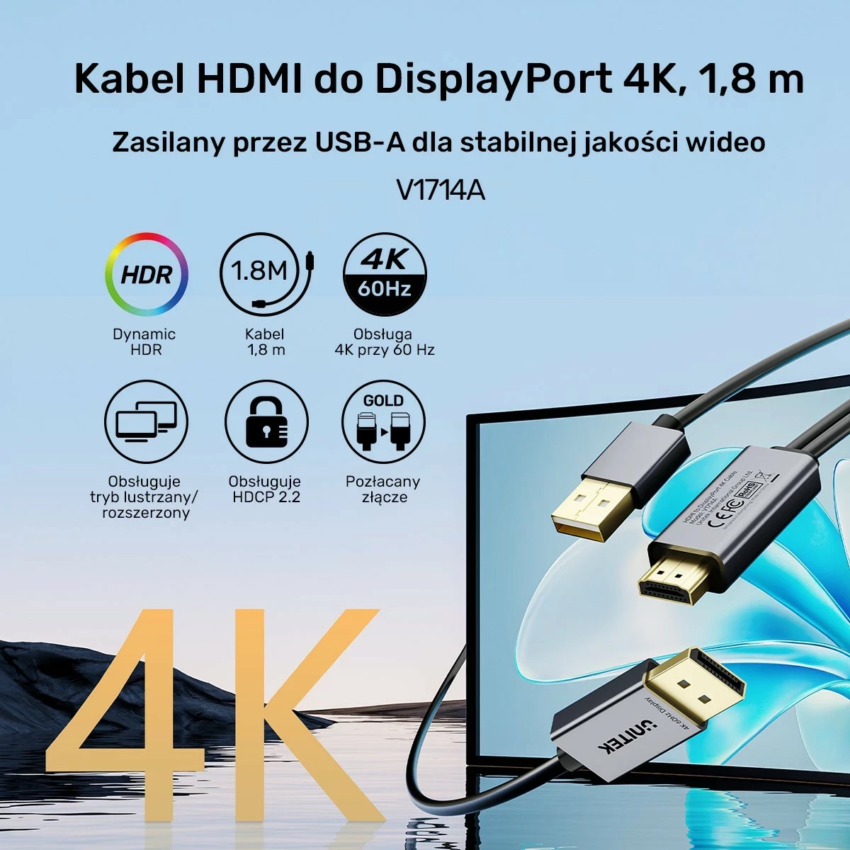 Kabllo Unitek HDMI në DisplayPort, 4K 60Hz, HDR, me furnizim USB-A, 1.8 m, e zezë-gri