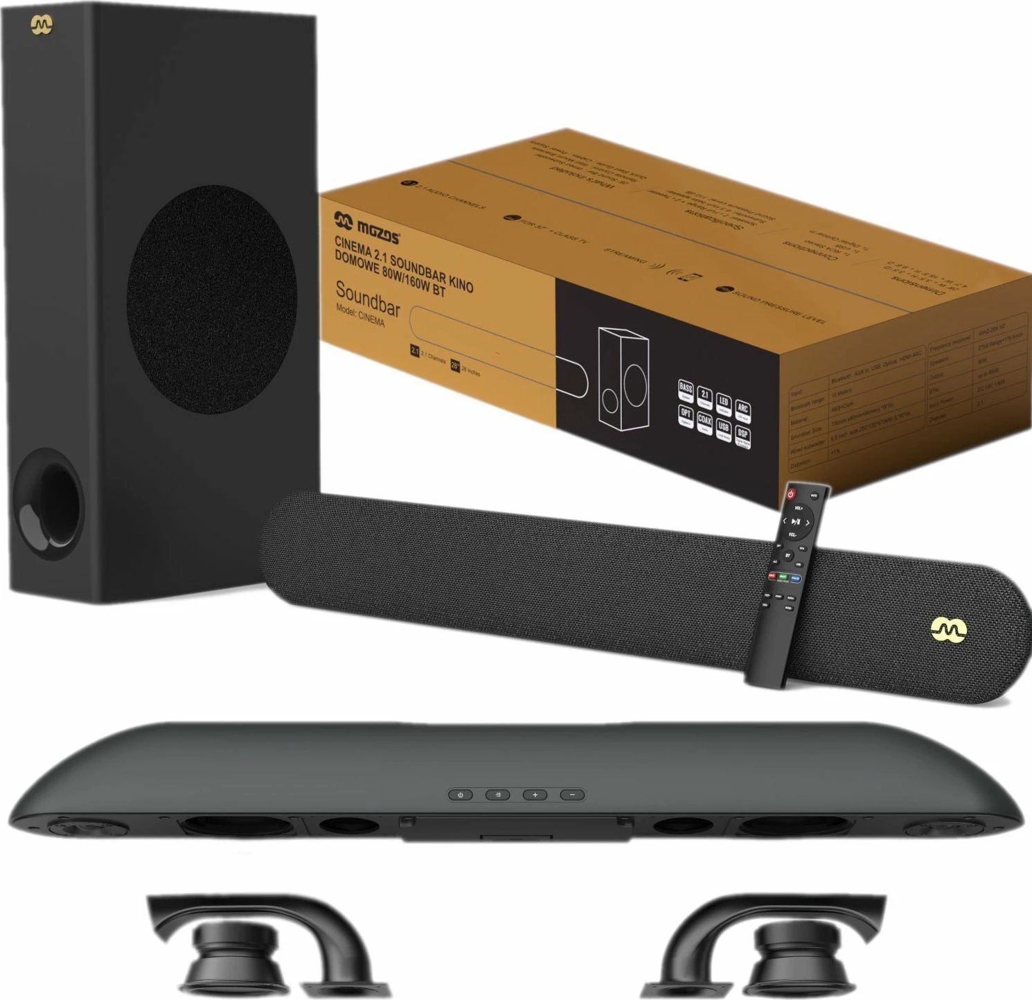 Soundbar Mozos Cinema 2.1 80W RMS/160W peak Bluetooth 5.0 HDMI ARC, e zezë, set me subwoofer + telekomandë