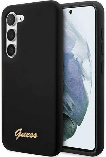 Mbështjellës Guess GUHCS23SSLSMK për Samsung Galaxy S23, silikon, Vintage Gold Logo, zi