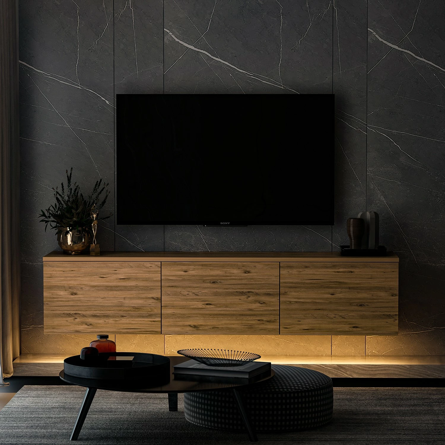 Komodë TV Hanah Home, ndriçim neon, ngjyrë Atlantic Pine