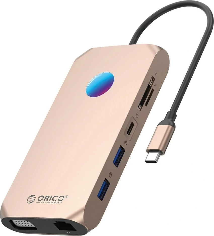 Hub Orico USB-C 12w1 XCR-X2, 3x USB-A 3.1, HDMI 4K, VGA, RJ45, microSD/SD, 100W PD, rozë e artë
