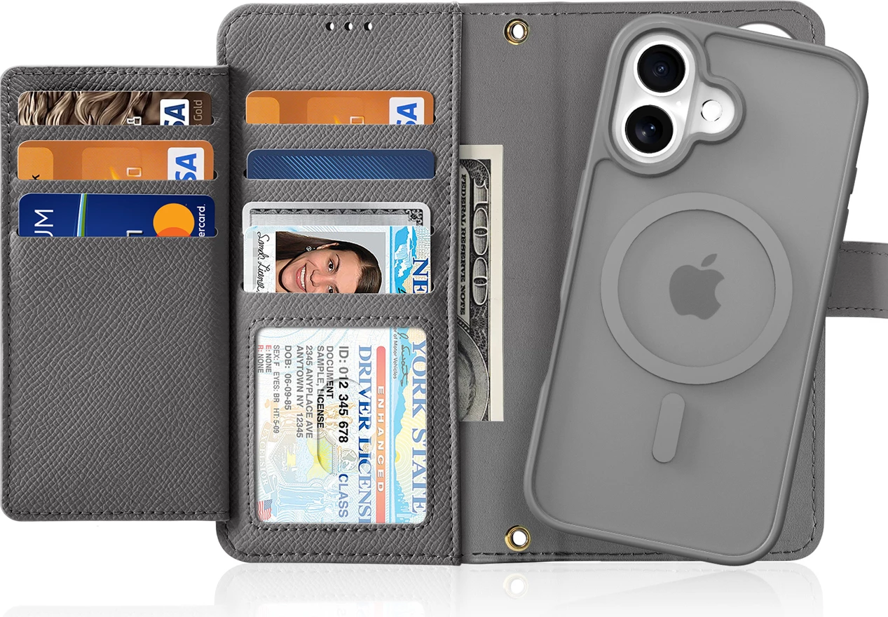 Mbështjellës Dux Ducis Lawa për iPhone 16, lëkurë, me portofol magnetik, Gri