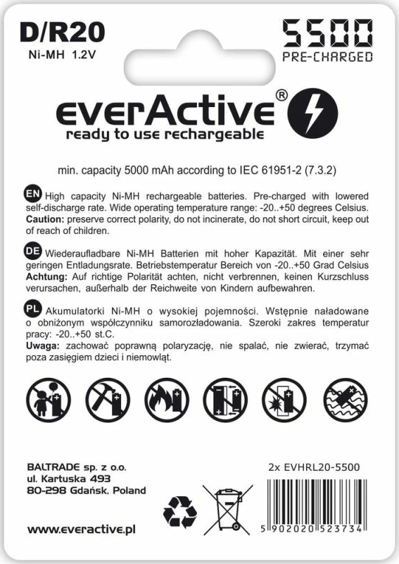 Bateri të rikarikueshme everActive EVHRL20-5500, D, 2 copë