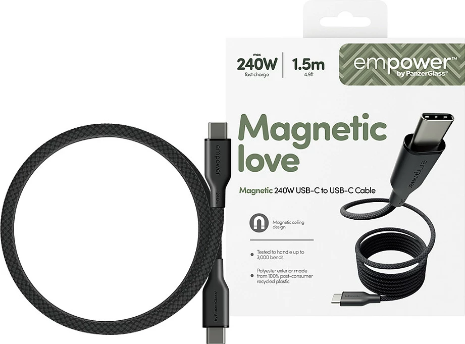 Kabllo USB-C në USB-C PanzerGlass empower Magnetic, 240W, 1.5m, USB 2.0, Space Black/Transparent