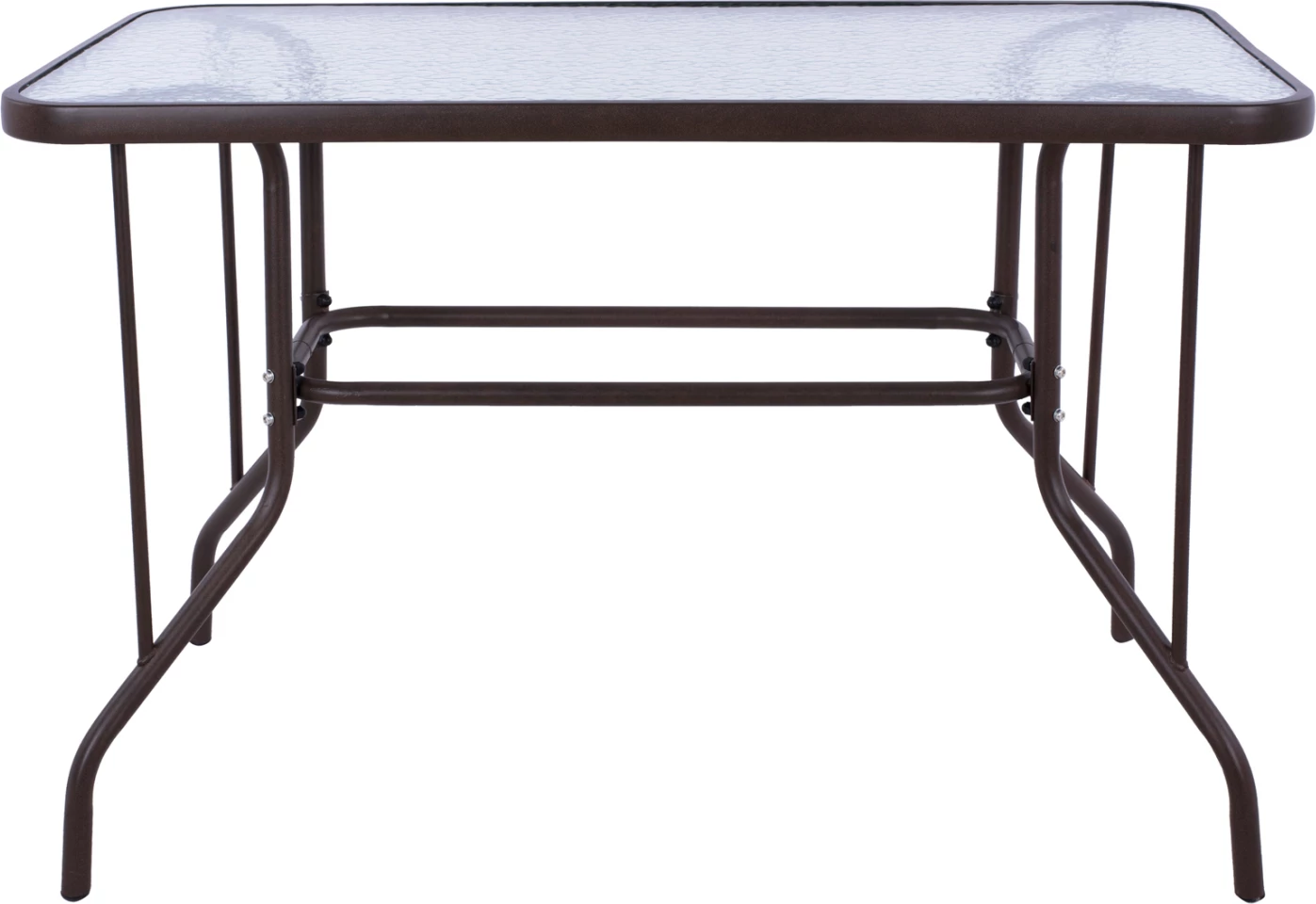 Tavolinë metalike për jashtë ADAM, ngjyrë kafe, me sipërfaqe xhami të forcuar, 110x60x71H cm