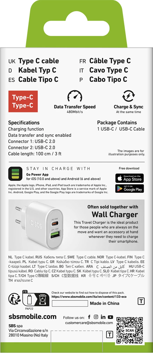 Kabllo USB-C SBS TECABLETCC10W, 1m, 25W, e bardhë