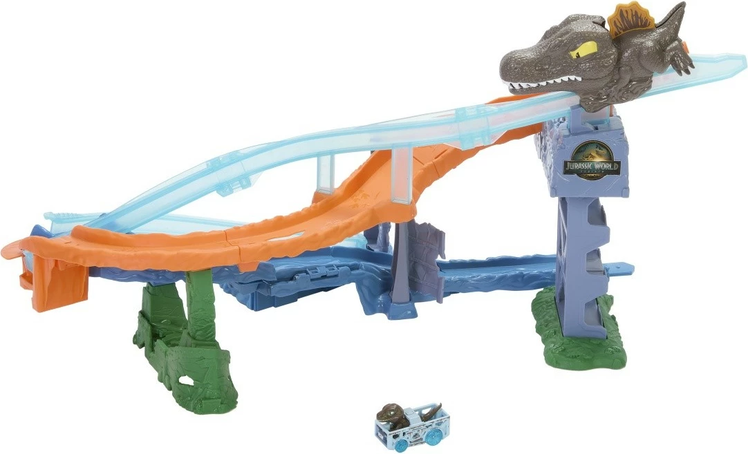 Set loje Hot Wheels RacerVerse Jurassic World Marine Dinosaur Chase Track, Velociraptor, shumëngjyrësh