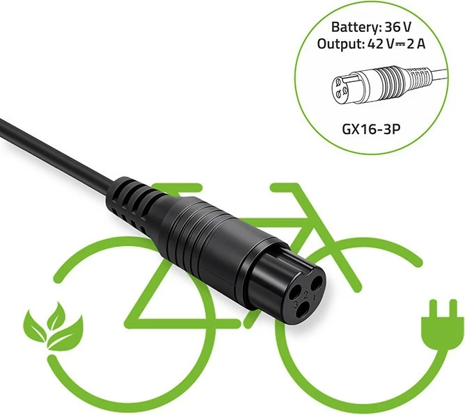 Ngarkues biçikletë elektrike, Qoltec 52618, 42V 2A 84W, prizë GX16-3P, për bateri 36V, me kabllo rryme, zi