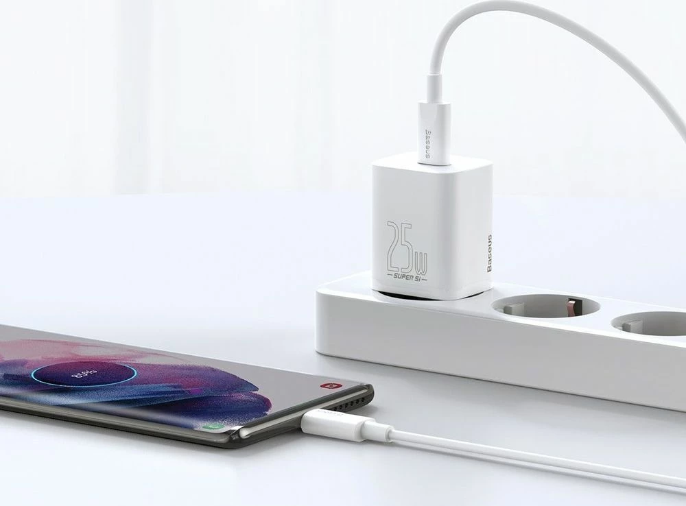 Ngarkues muri Baseus Super Si TZCCSUP-L02 25W USB-C PD 3A, bardhë, set me kabllo USB-C në USB-C 1m