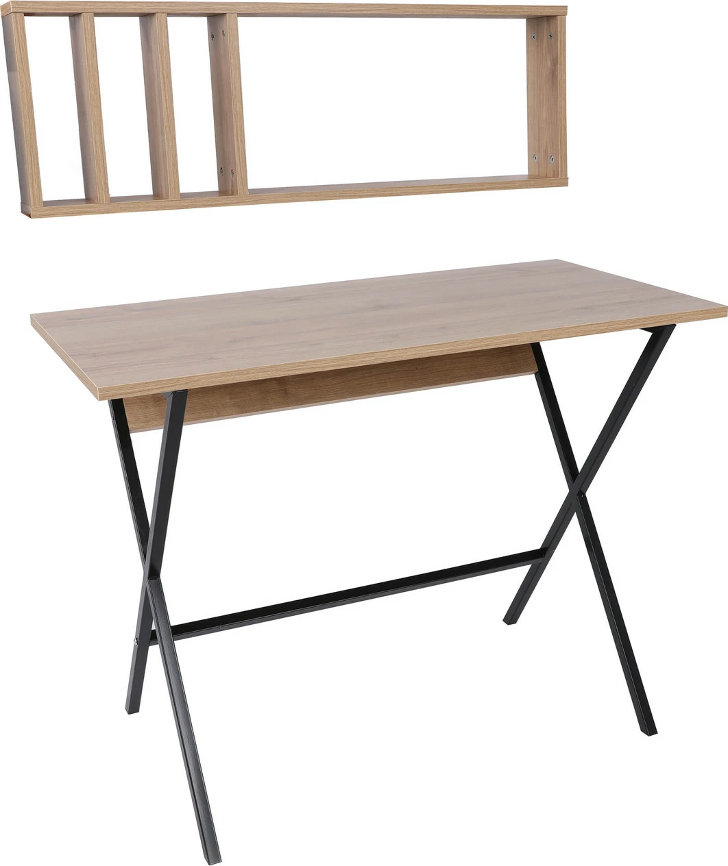 Tavolinë studimi moderne me raft muri, ngjyrë lisi dhe e zezë, Skye Decor, Oslo